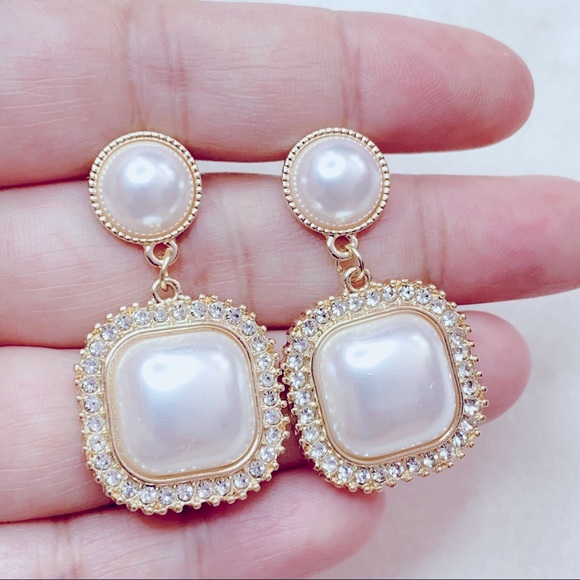 ❣️$25/3❣️ Elegant Wedding Square Pearl Rhinestones Earrings - Picture 5 of 10